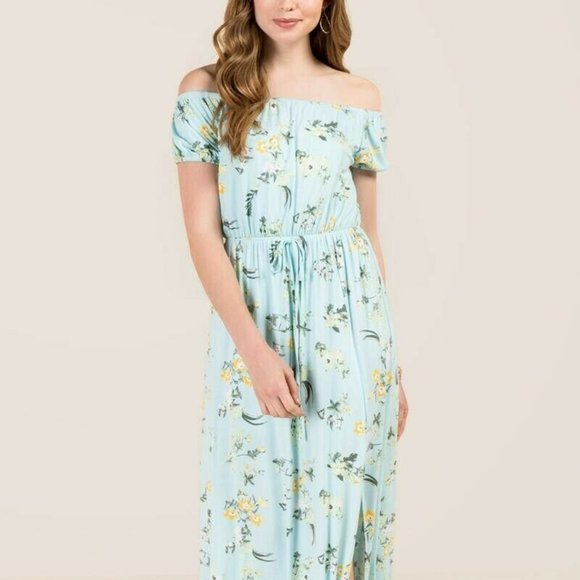 NWT Francesca's Light Blue Hanna Off The Shoulder Floral Maxi Dress in S - Picture 1 of 4